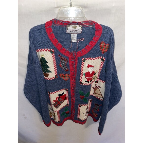 Tiara Women’s Christmas Cardigan Sz XL Blue Colorblock Seasonal Going Out Party - Picture 1 of 12